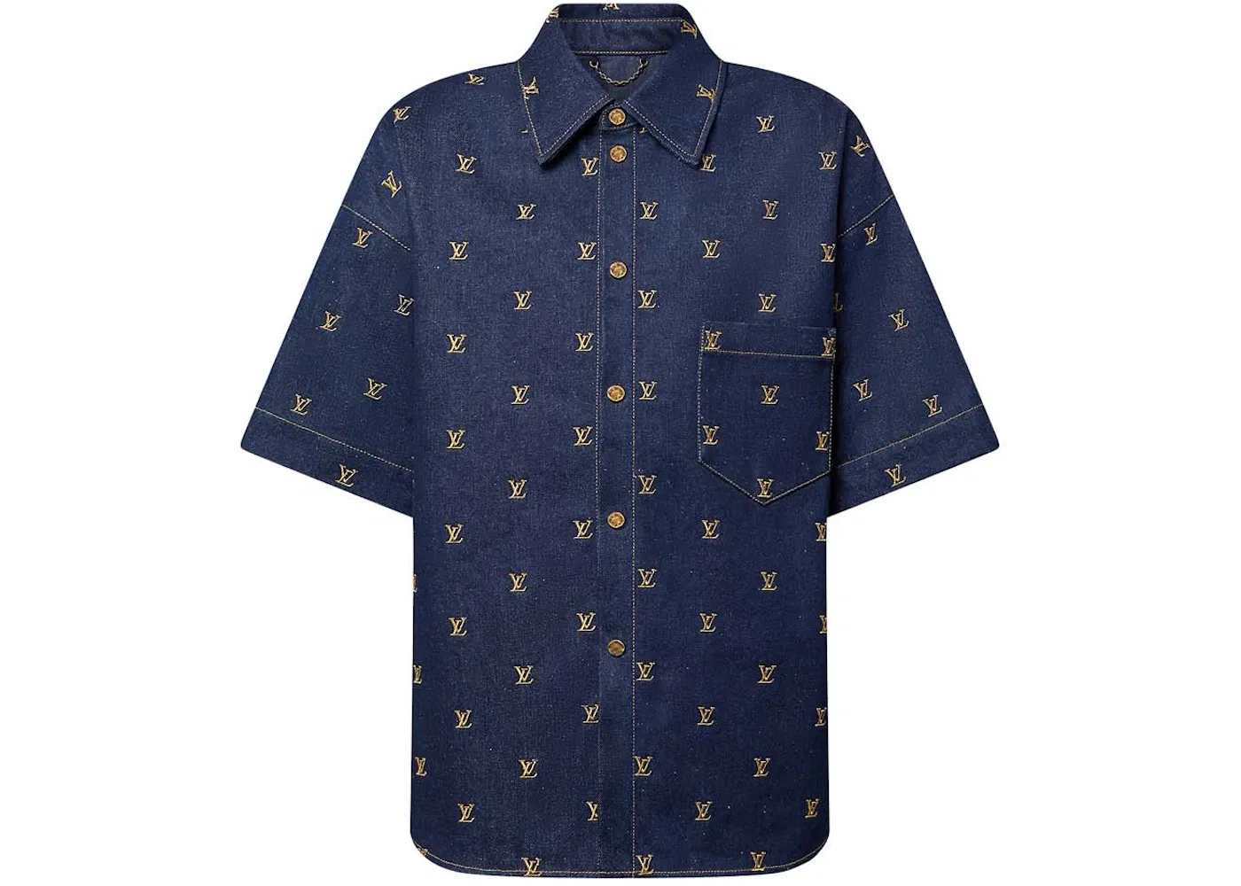 Мужская рубашка с вышивкой с коротким рукавом Louis Vuitton, Indigo