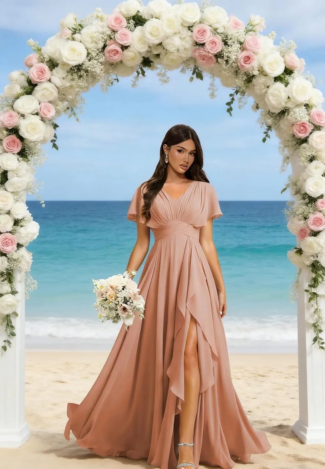 Женское платье с воланами и разрезом из шифона, Blush Pink — фото 2