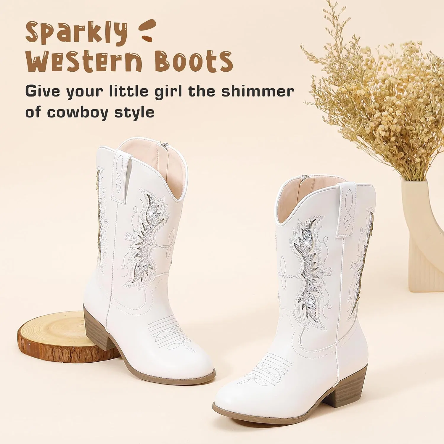 Детские сапоги для девочек с блестками Cowgirl Cowboy Boots Motasha, White Silver — фото 4