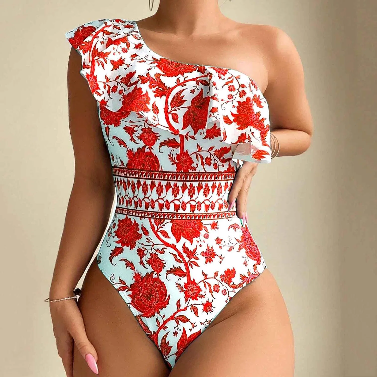 Женский цельнокроеный купальник с одним плечом и оборками Generic, Red — фото 2