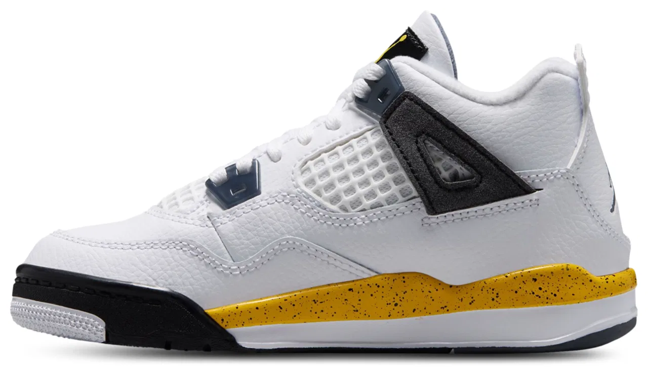 Детские баскетбольные кроссовки для мальчиков из кожи и нубука Jordan Retro 4, белый/синий/желтый — фото 2