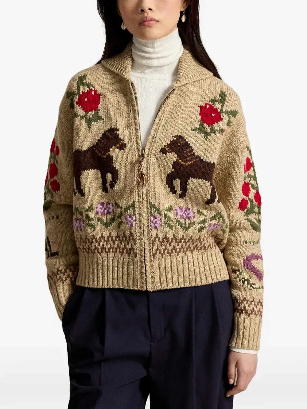 Кардиган вязки интарсия с воротником-шалькой Polo Ralph Lauren, бежевый — фото 3