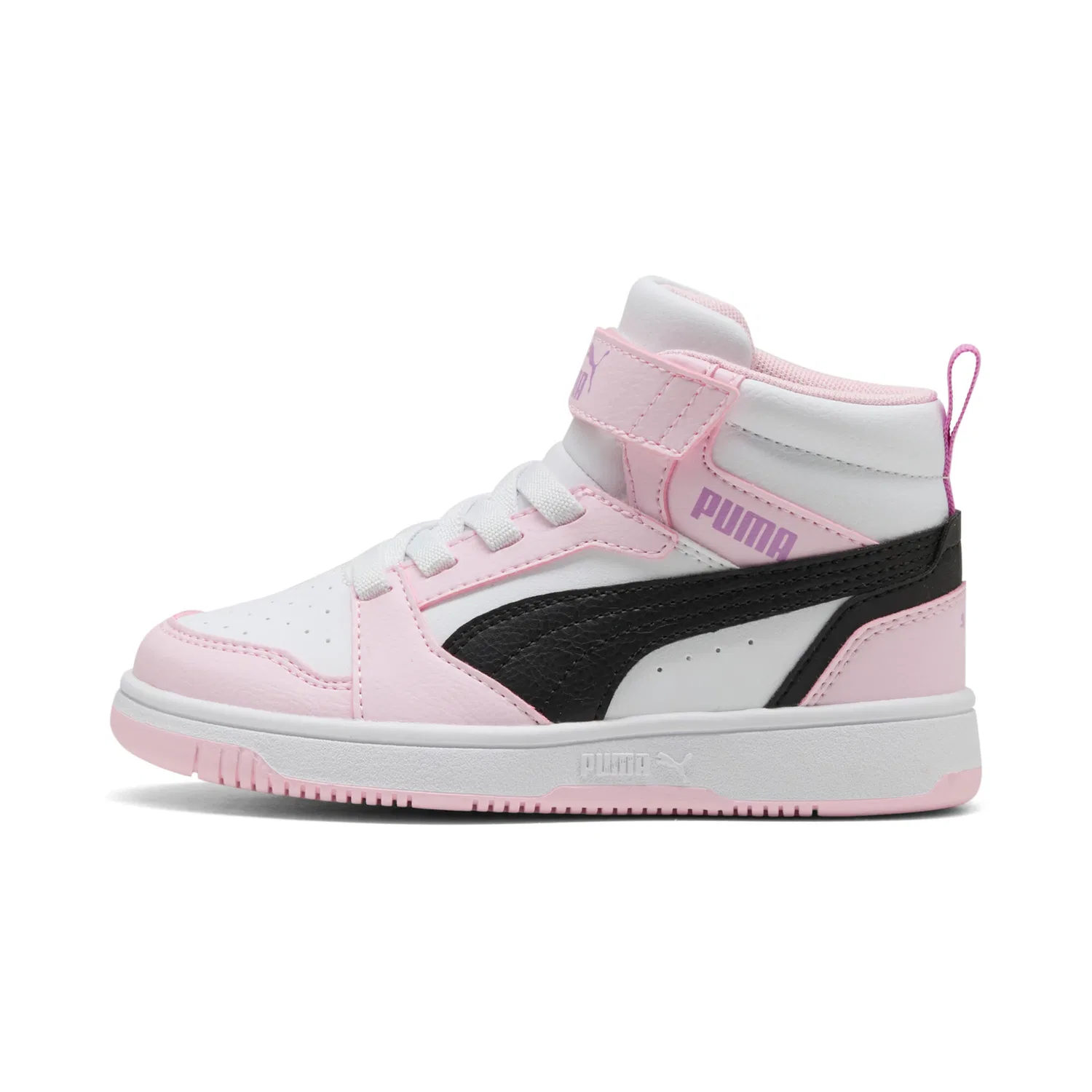 Детские кроссовки с мягкой амортизацией PUMA Rebound V6 Mid AC+ PS, White/Black/Pink — фото 2