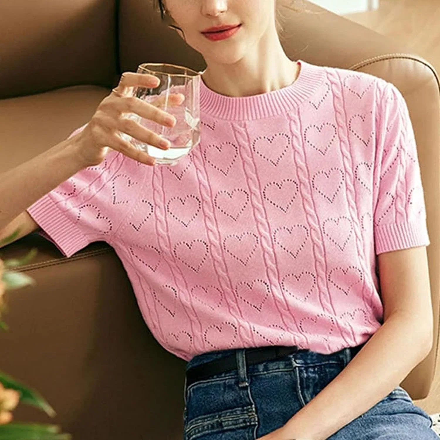 Женский пуловер с коротким рукавом, вязаный, с круглым вырезом, Pink Pullovers — фото 3