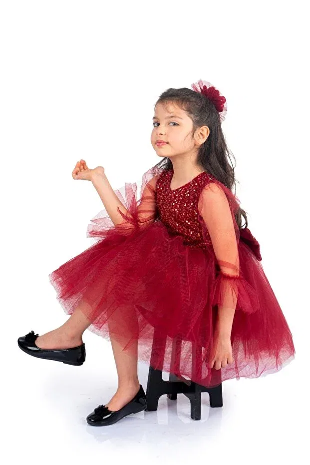Детское платье для девочек с пайетками Sequin tulle girls' dress 0285 bordo Mnk, Burgundy — фото 4