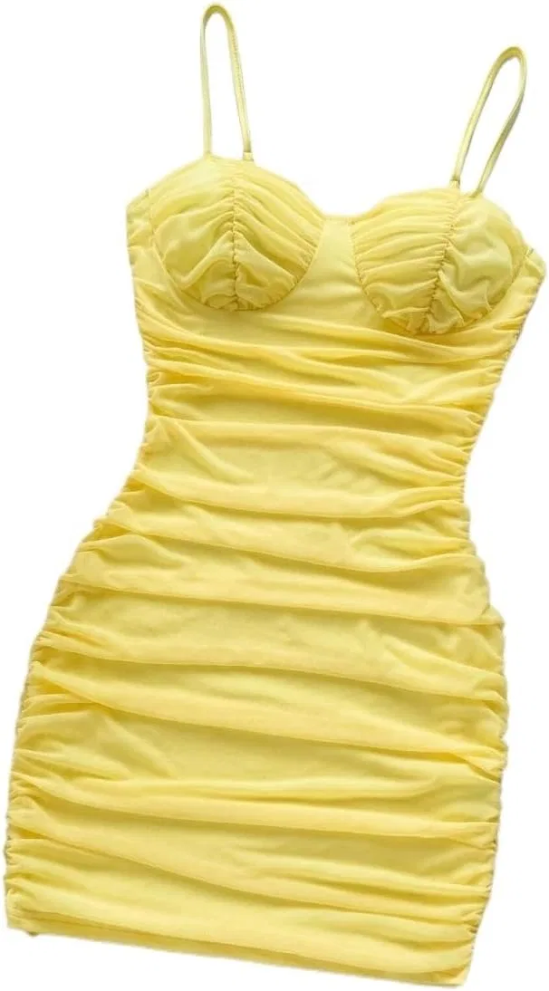 Женское мини-платье с драпировкой на груди Asymmetric Neck, Mustard Yellow — фото 4