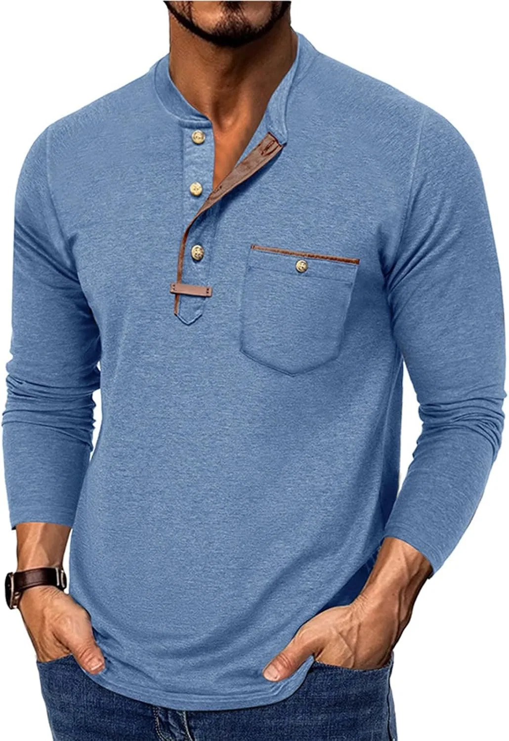 Мужская длинный рукав хенли футболка, Light Blue — фото 2