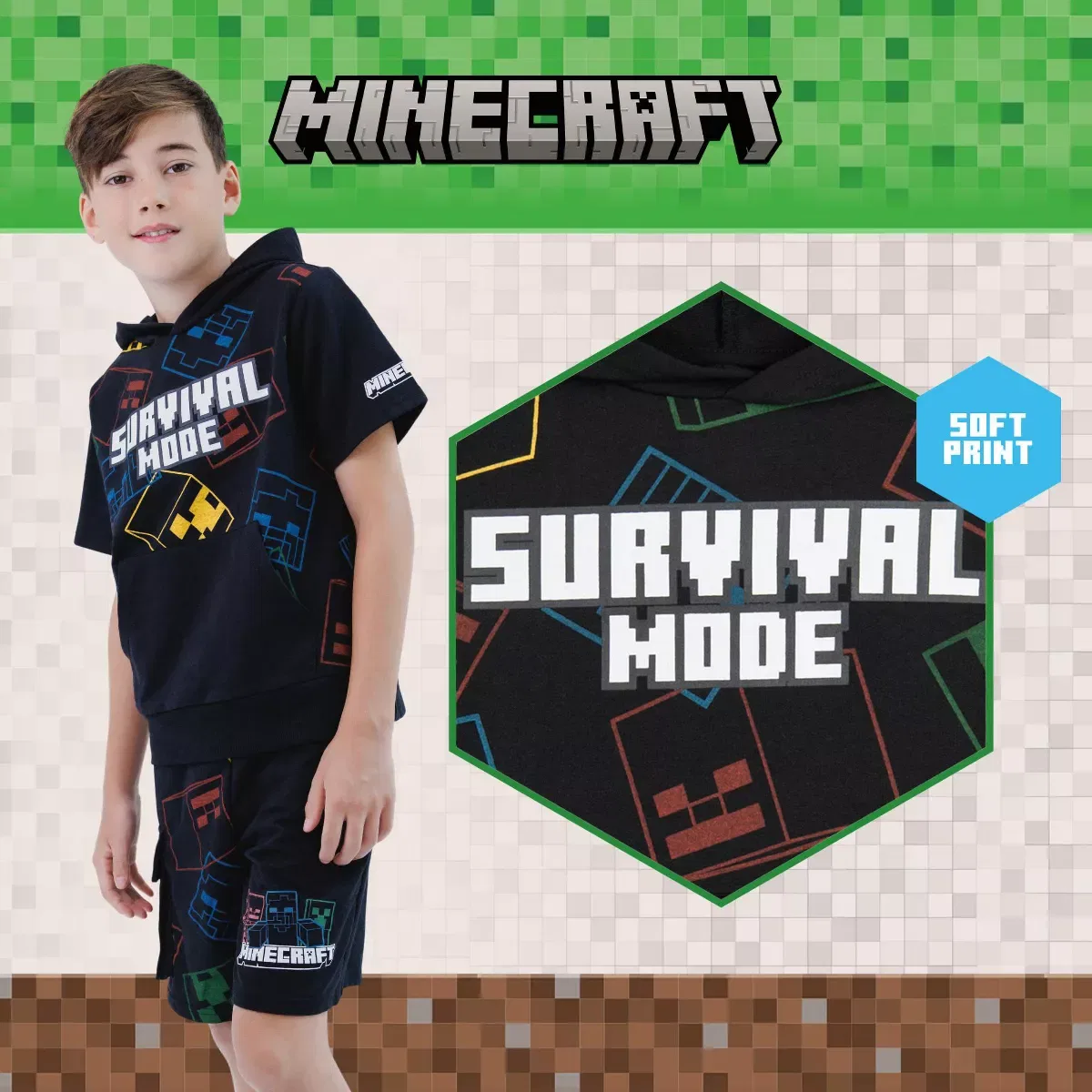 Детский комплект худи и шорт для мальчиков с принтом Minecraft French Terry Pullover Hoodie and Shorts Outfit Set, Black — фото 4
