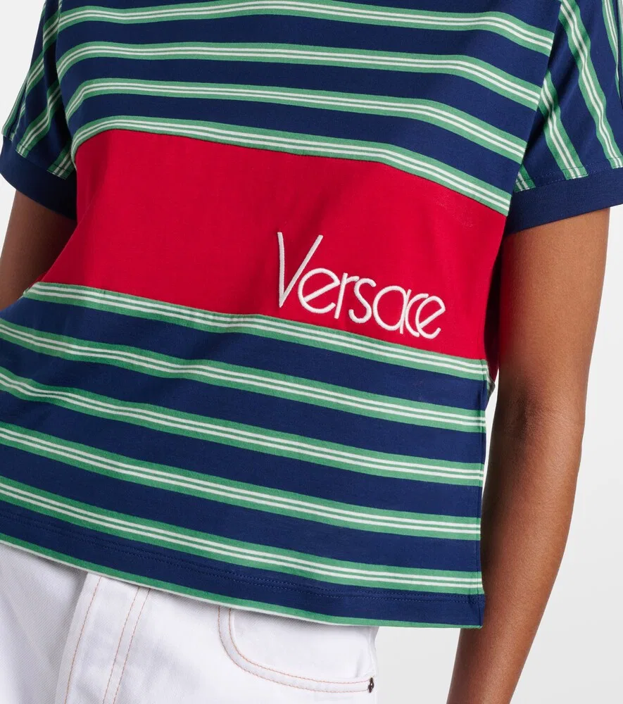 Хлопковая футболка в полоску с вышитым логотипом Versace, мультиколор — фото 4