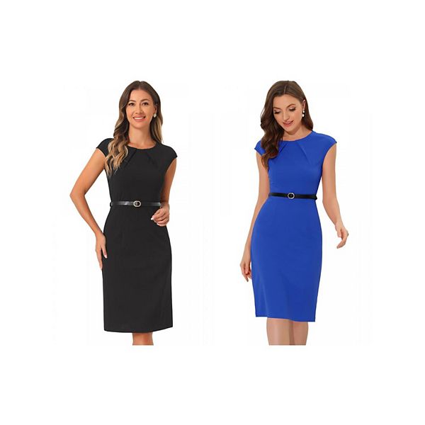 

2 элегантных офисных платья для женщин с круглым вырезом, короткими рукавами и поясом Allegra K, Black Royal Blue