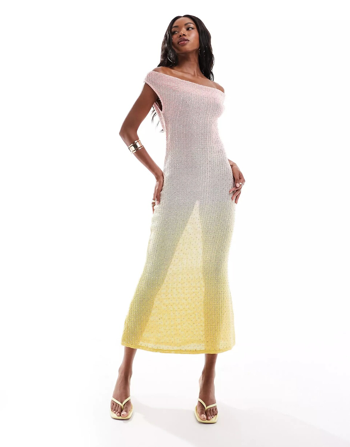 

Платье макси Asos Design Embellished Crocheted With A, розовый/желтый