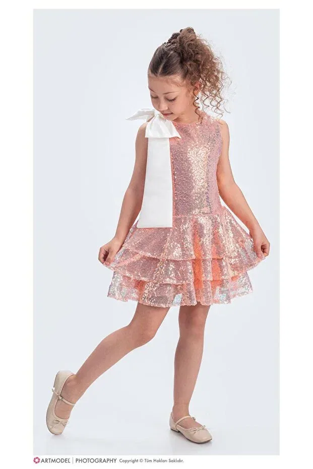 Детское платье для девочек с пайетками Collar Bow Sparkling Sequin Fabric Girls' Evening Dress Esterella, Salmon