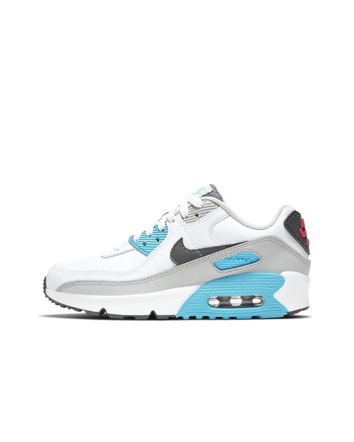 Детские кроссовки для мальчиков с классической амортизацией Air Max 90 Ltr NIKE, White Iron Grey Chlorine Blue Lt Fusion Red