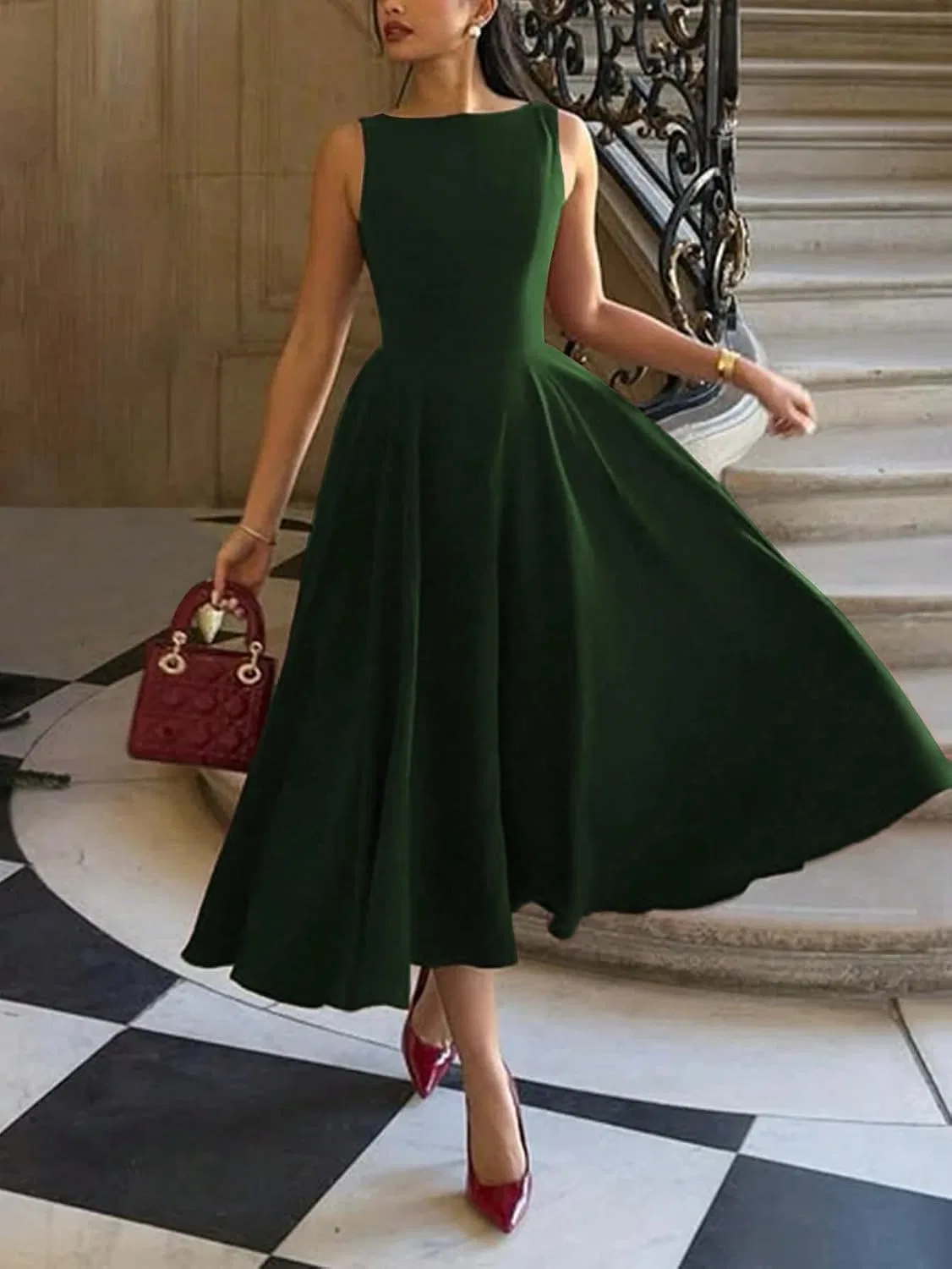 Женское платье миди с открытой спиной Hollow-Out Waist, Dark Green — фото 2