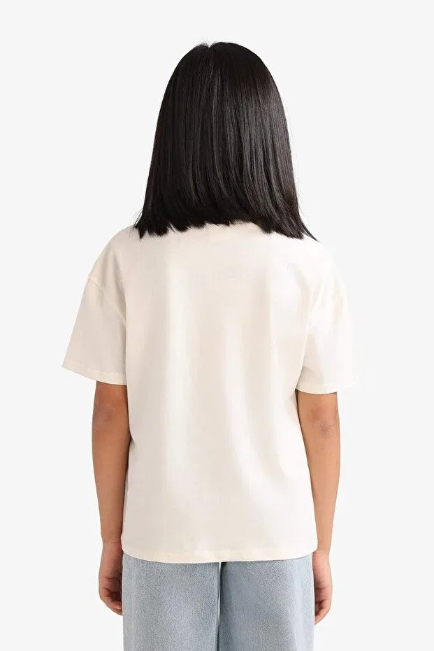 Детская футболка для девочек хлопковая с принтом Relax Fit Crew Neck Printed Short Sleeve T-Shirt Defacto, Ecru-Er2384 — фото 4