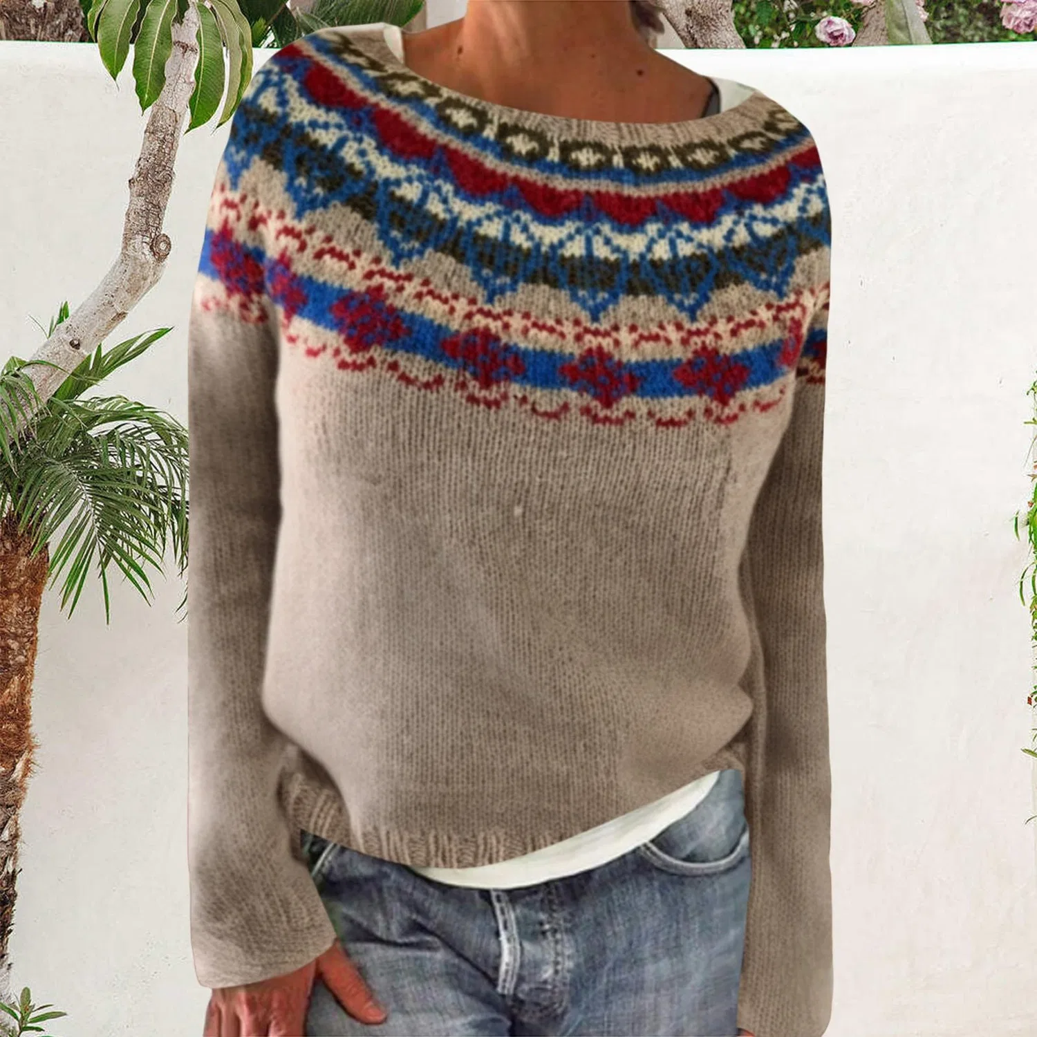 Женский свитер с принтом Fairisle, Dark Khaki — фото 2