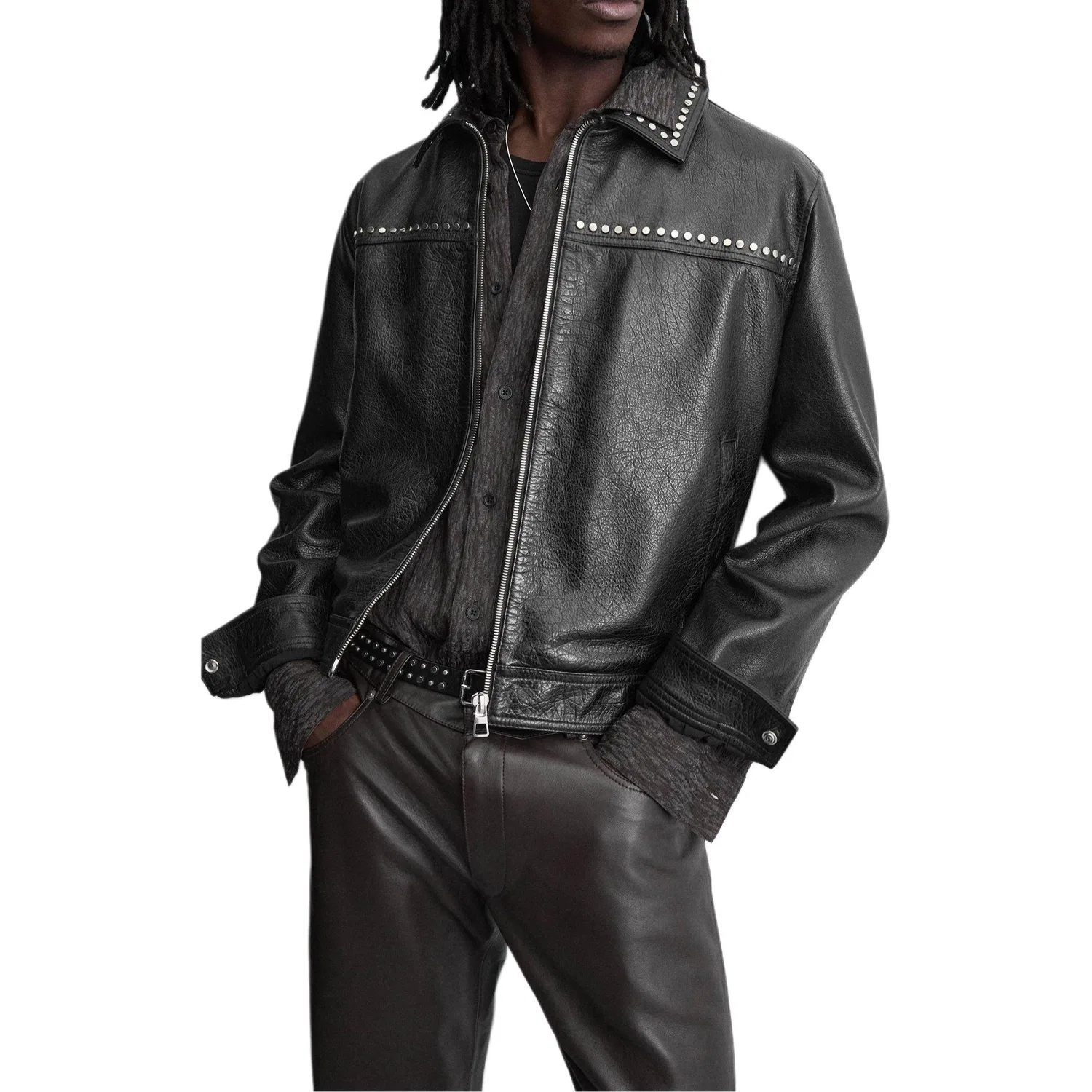 Мужская кожаная куртка с лацканами Moderate, ZARA, Black — фото 4