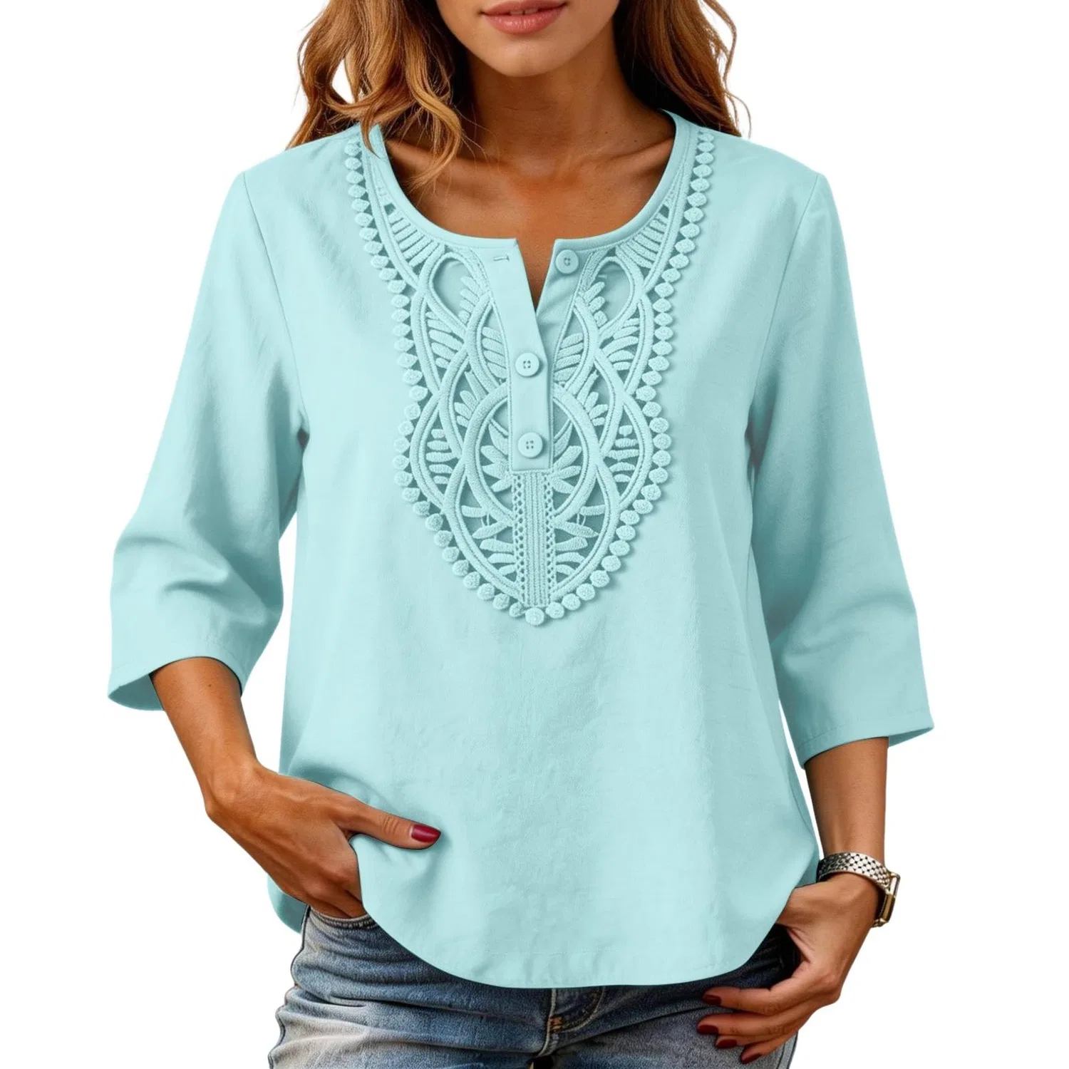 Женская льняная туника с вышивкой Retro 3/4 Sleeve Boho Casual Loose Fit Lightweight Summer Beach Blouse, A-light Blue — фото 2