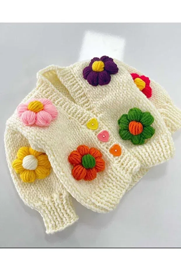 Детский кардиган для девочек с цветочным принтом Hand knitted children-baby cardigan Bilgem Butik, Cream — фото 2