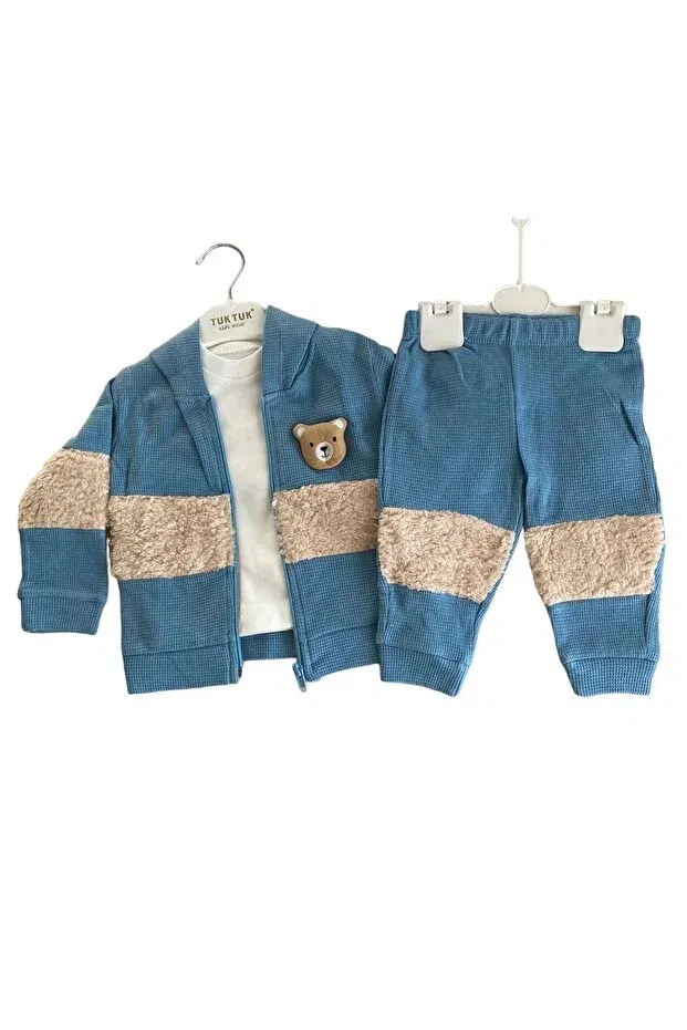 Детский комплект из вафельной ткани с мишкой-аксессуаром Yağmur Giyim, Blue-79788