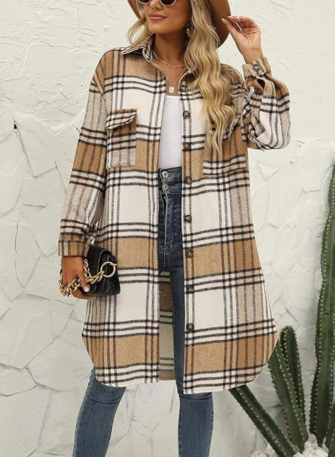 Женская куртка-рубашка с принтом в клетку Womens-Shacket-Vintage Retrò, Dark Khaki — фото 2