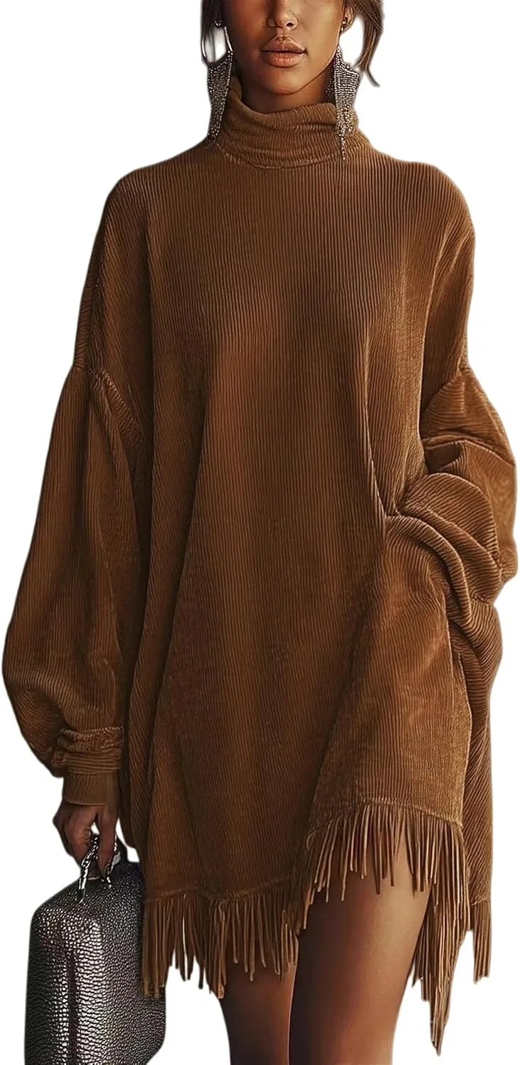 Женское свободное платье-свитер с бахромой Corduroy, Coffee