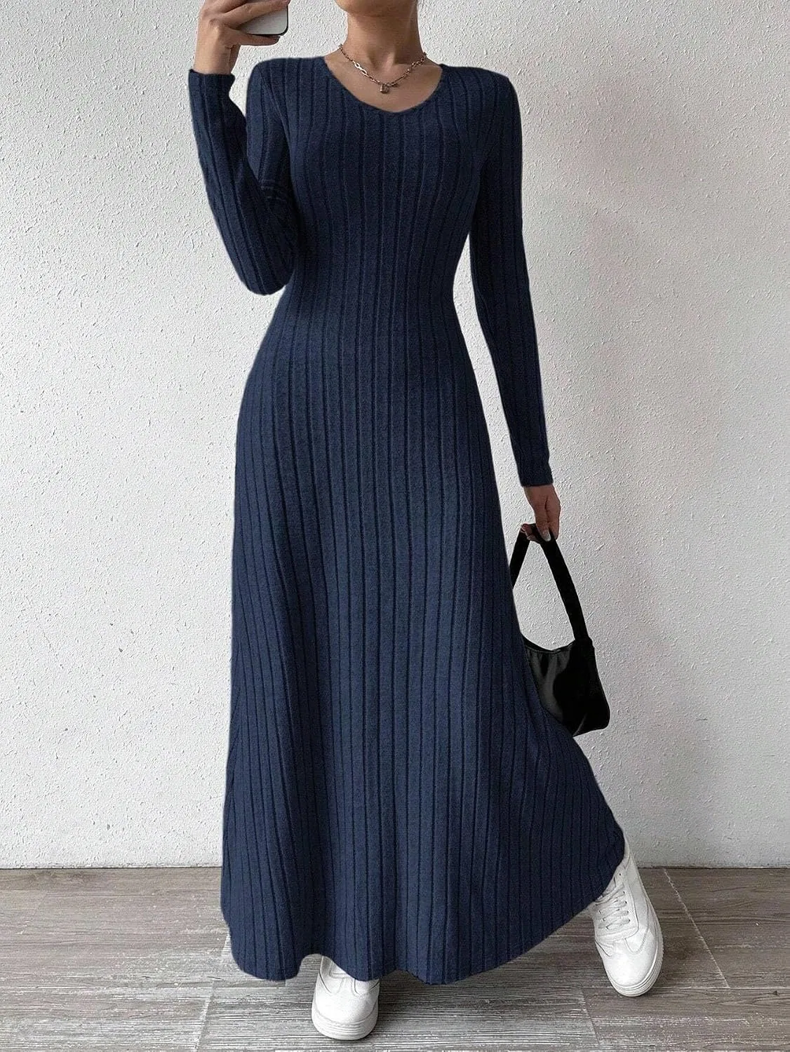 Женское платье A-силуэта с V-образным вырезом Yuchenda, Navy Blue — фото 2