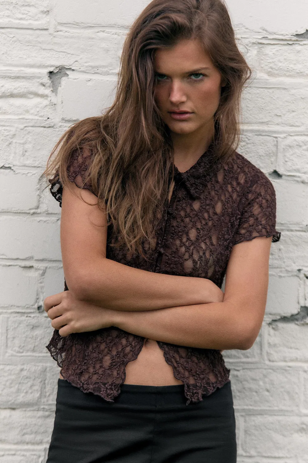 Кружевная рубашка на пуговицах ZARA, Chocolate