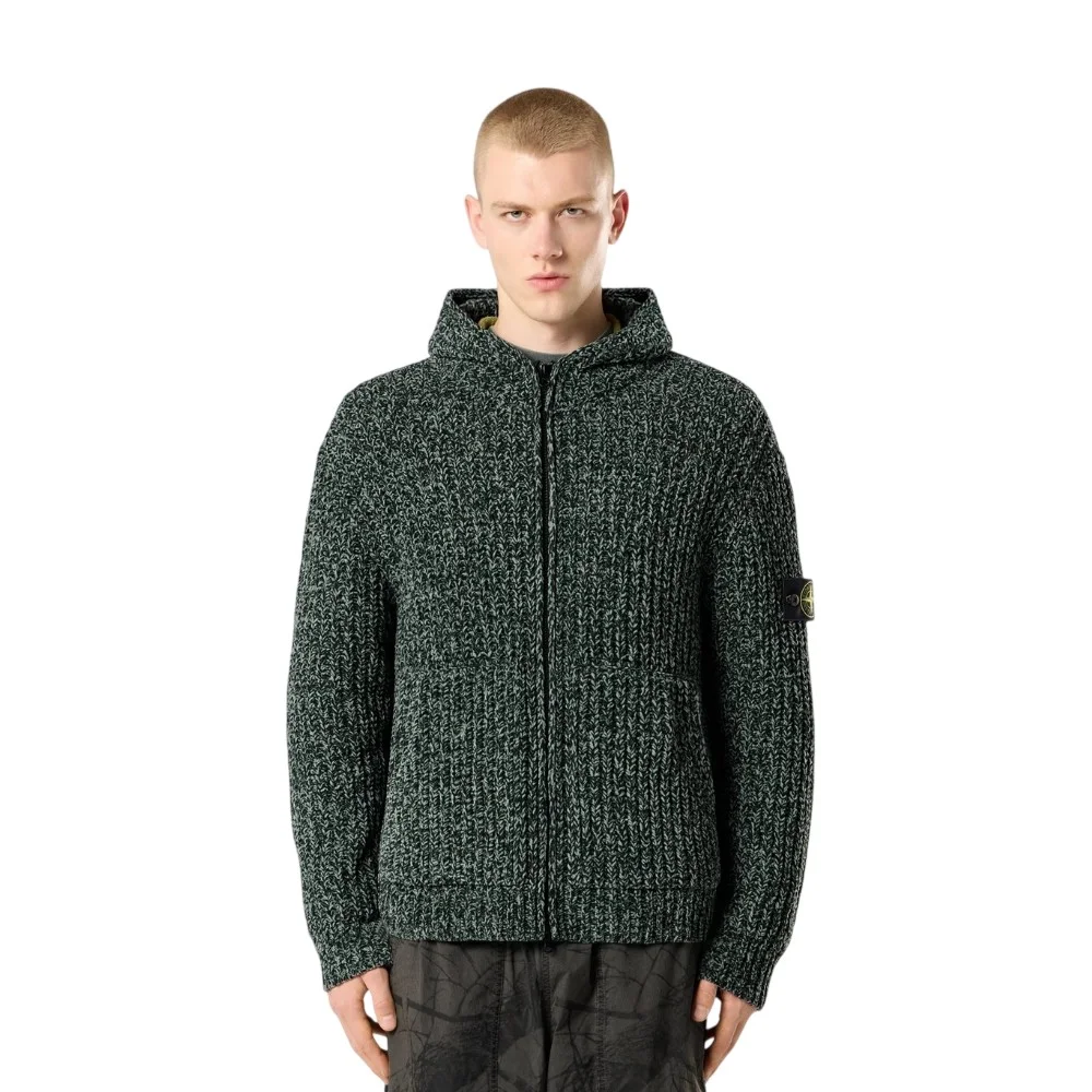 Мужской вязаный свитер Stone Island Loose-fit Zip-up With Pockets, темно-зеленый меланж