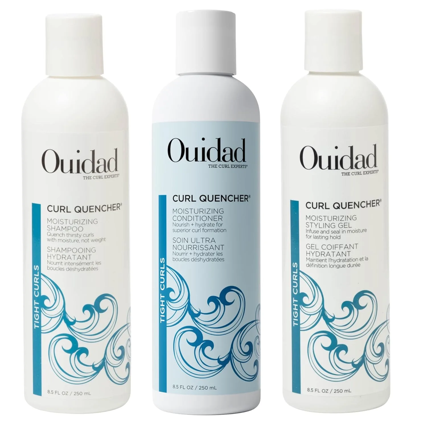 Набор Ouidad Curl Quencher: увлажняющий шампунь, кондиционер и гель для укладки, 251 мл каждый, питание, увлажнение, веган, для окрашенных волос, ромашка и витамины A и E, контроль завитков, для тугих локонов