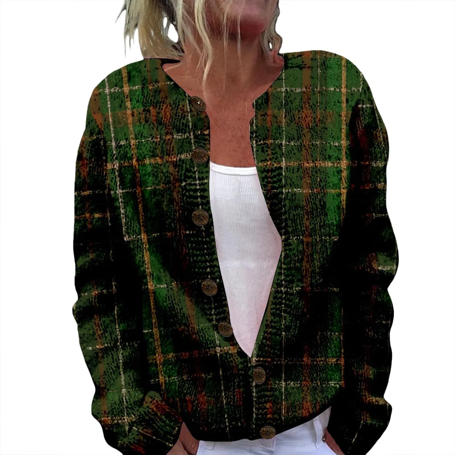 Женский кардиган с принтом Cardigan natalizio da donna, divertente, lavorato a maglia, con bottoni, aperto sul davanti, maglioni, cappotto, festival, maglieria, festa, Verde