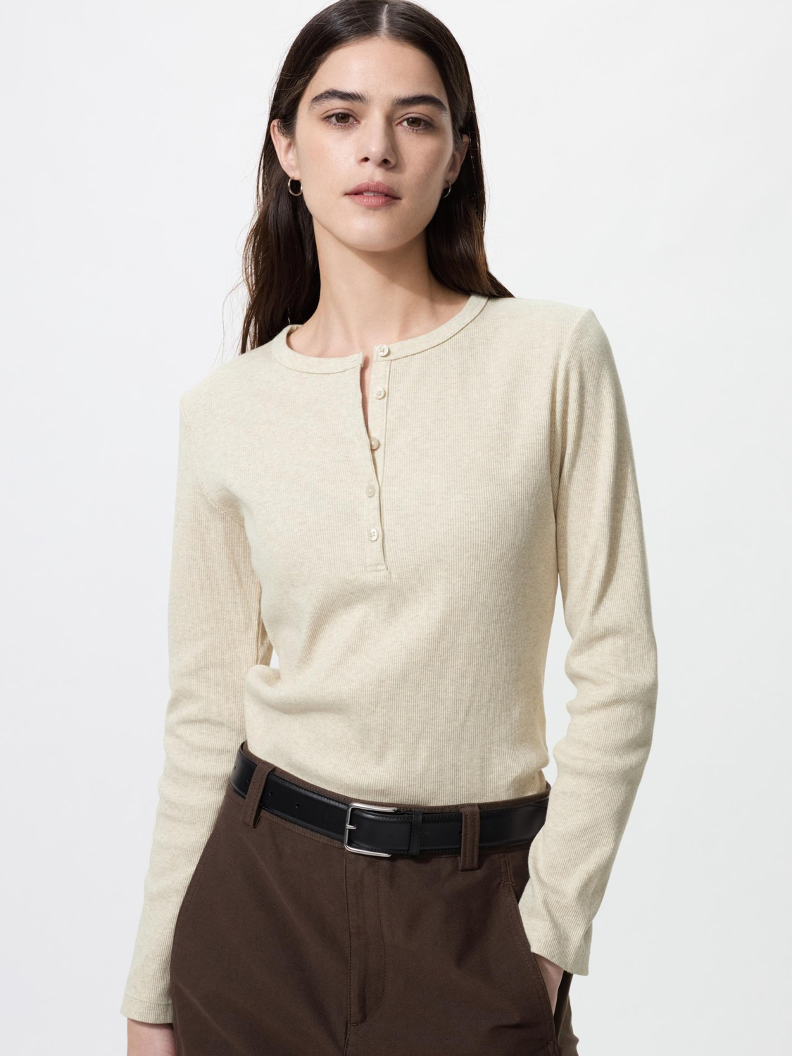 Лонгслив Uniqlo Ribbed Henley Neck, 30 натуральный