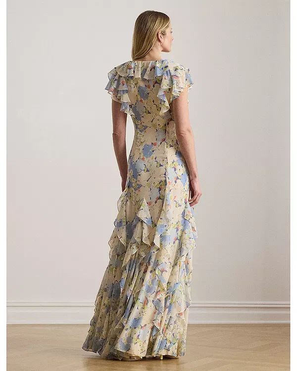Женское платье с принтом Floral Ruffle Trim Georgette Gown Ralph Lauren, Blue Multi — фото 4