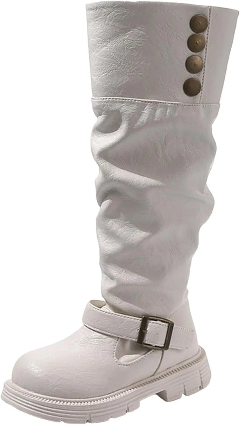 Детские сапоги для девочек с ремешком и пряжкой Slouch Boots, White
