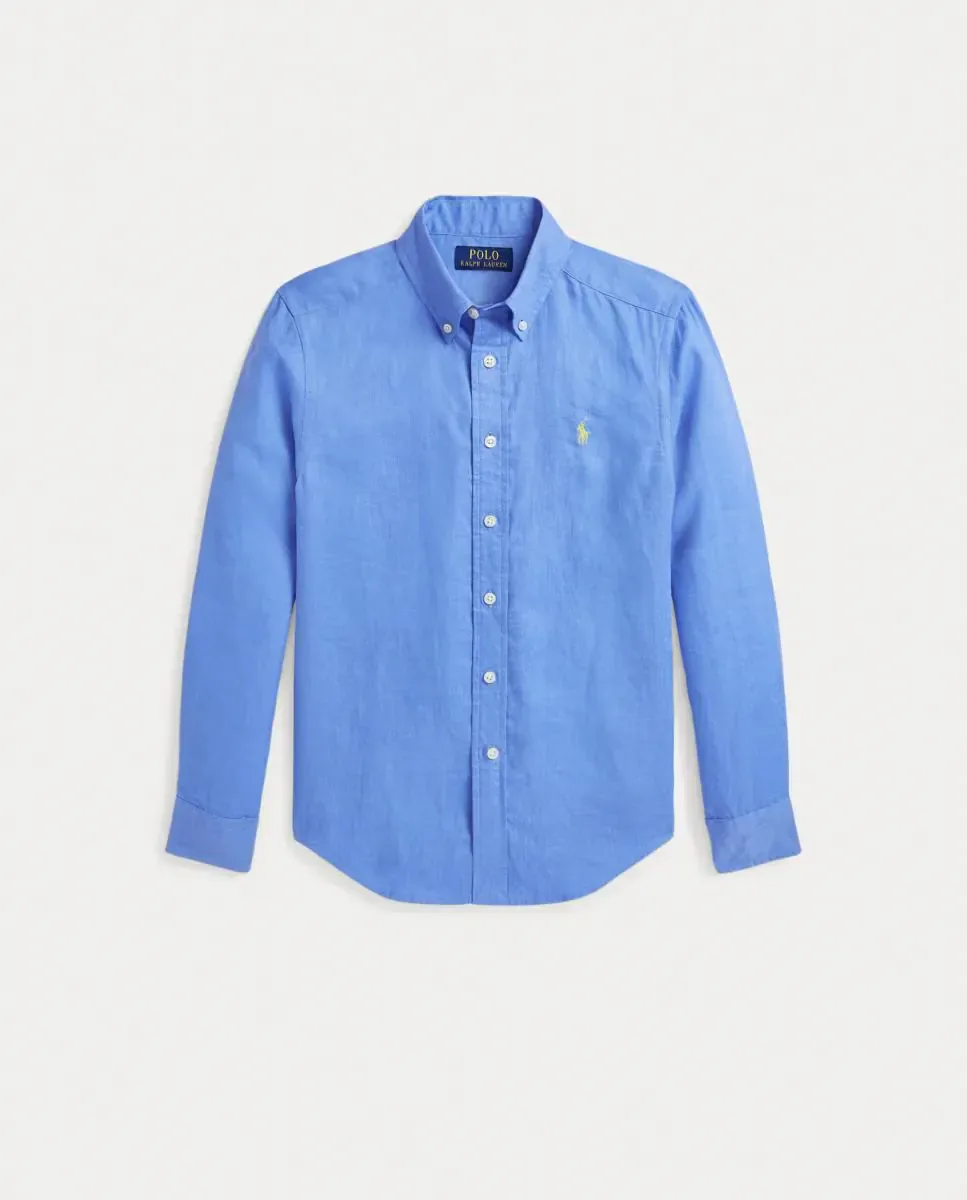 Детская льняная рубашка с лошадью Polo Ralph Lauren, синий — фото 4