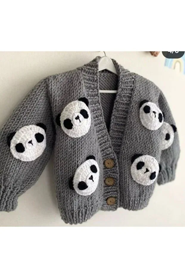 Детский кардиган для девочек с воротником-питер пэн Hand knitted panda baby cardigan Sifa Atelier, Gri — фото 2