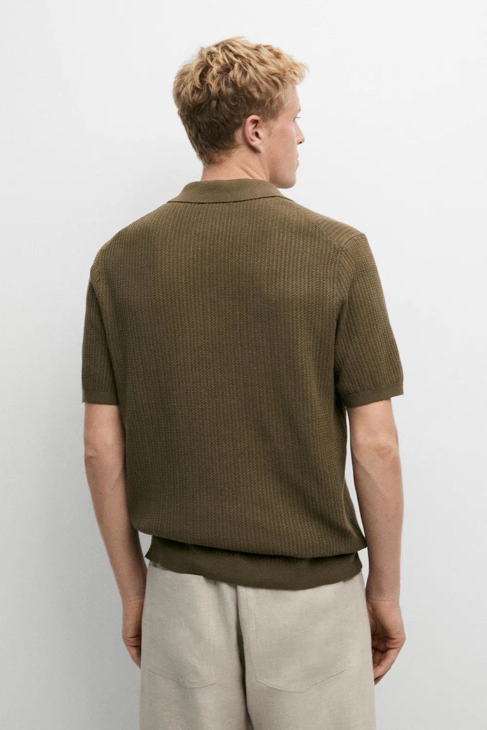 Поло из 100% хлопка, фактурная вязка Massimo Dutti, хаки — фото 3