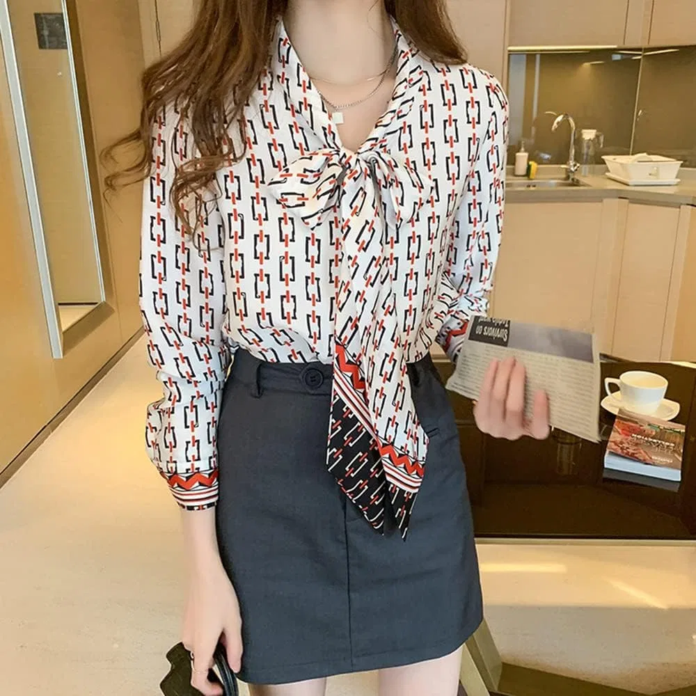 Блуза с цветочным принтом и бантом, Bowtie Blouse, белый — фото 4