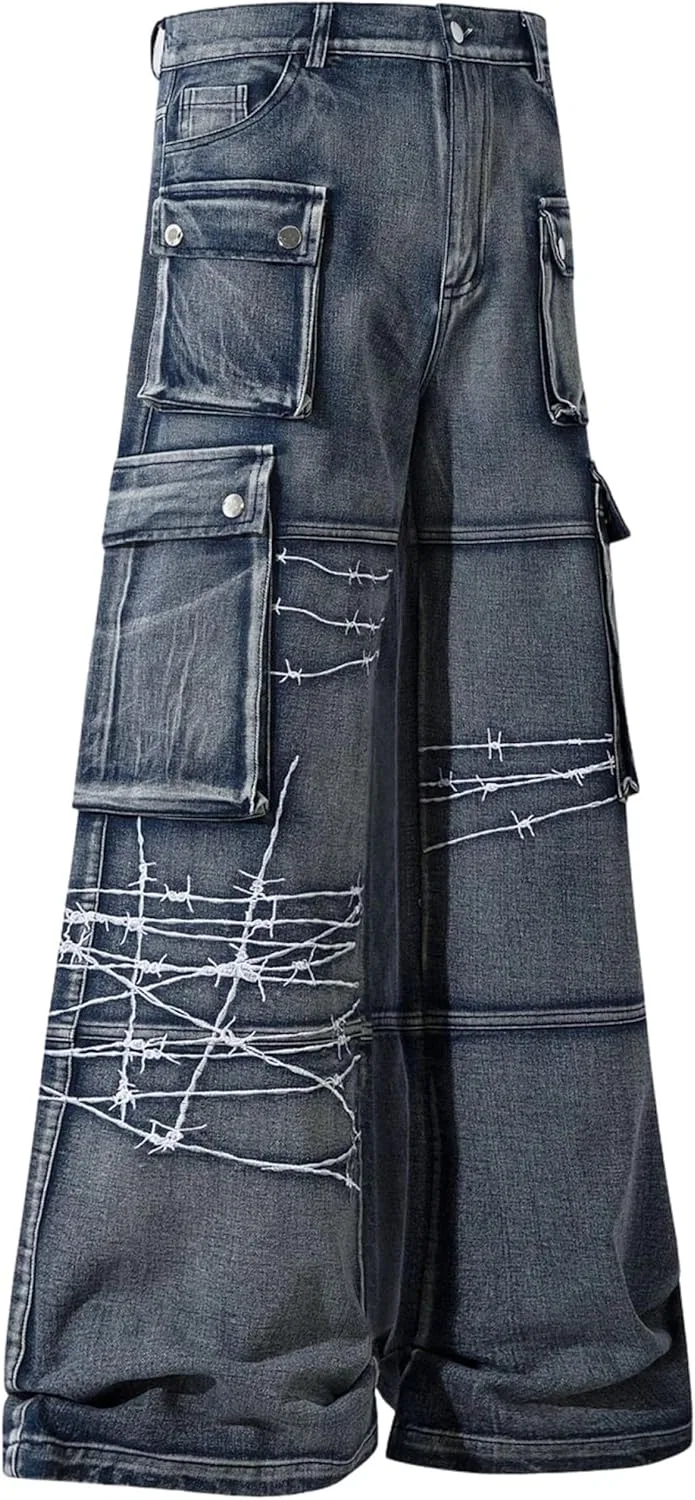 Джинсы с карманами, кроп, Baggy Cargo, синие