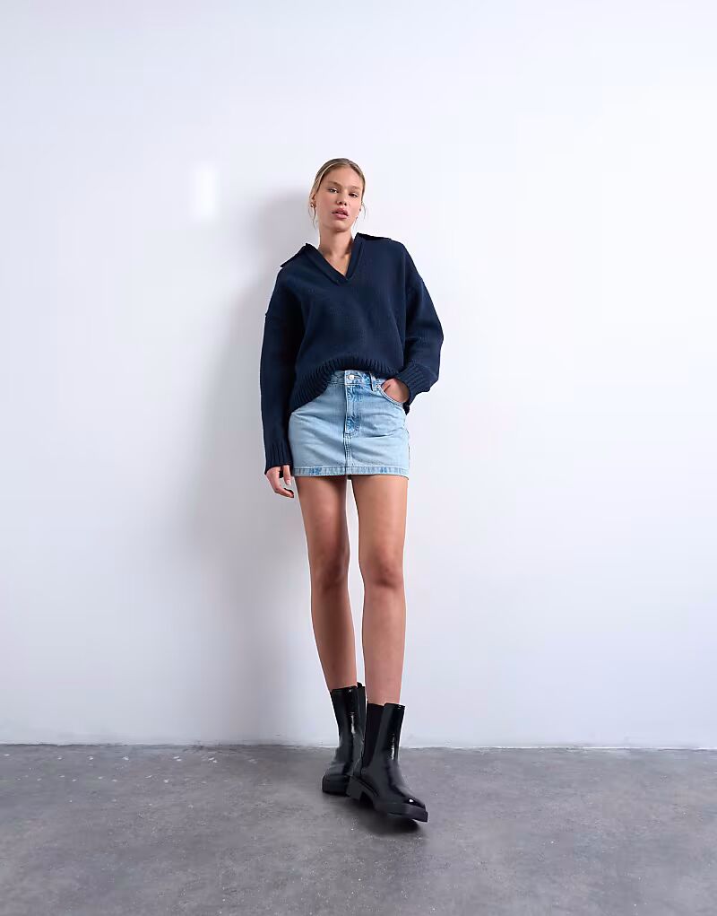 

Мини-юбка с ламбрекеном из денима в отбеленном цвете Topshop