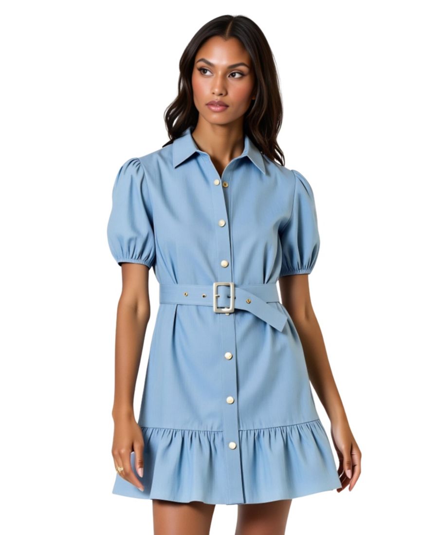 

Женское мини-платье из 100% хлопка с поясом и пышными рукавами Modenaire, Light blue