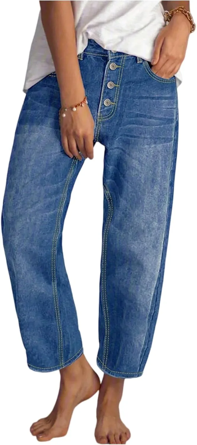 Женские укороченные джинсы Casual Western Loose Blue High Waisted Mom Ankle Straight Leg с карманами