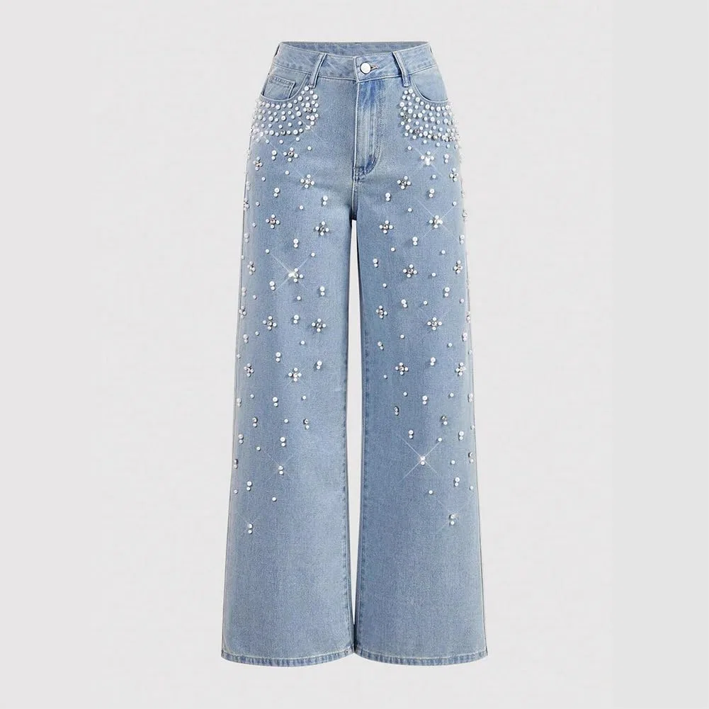 Джинсы с декором стразами, Светло-голубой — фото 4