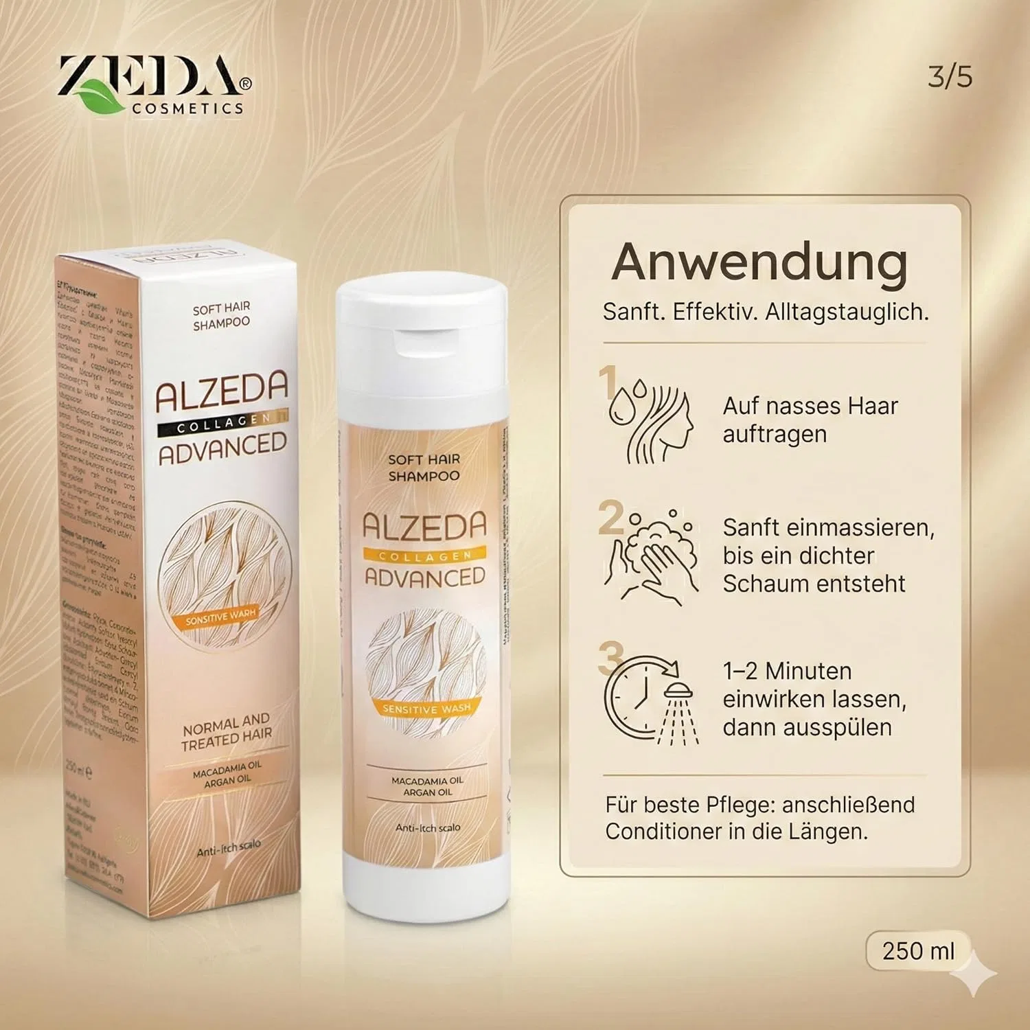 Увлажняющий шампунь ADVANCED Collagen 250 мл без сульфатов с коллагеном, аргановым маслом и макадамией Alzeda — фото 4