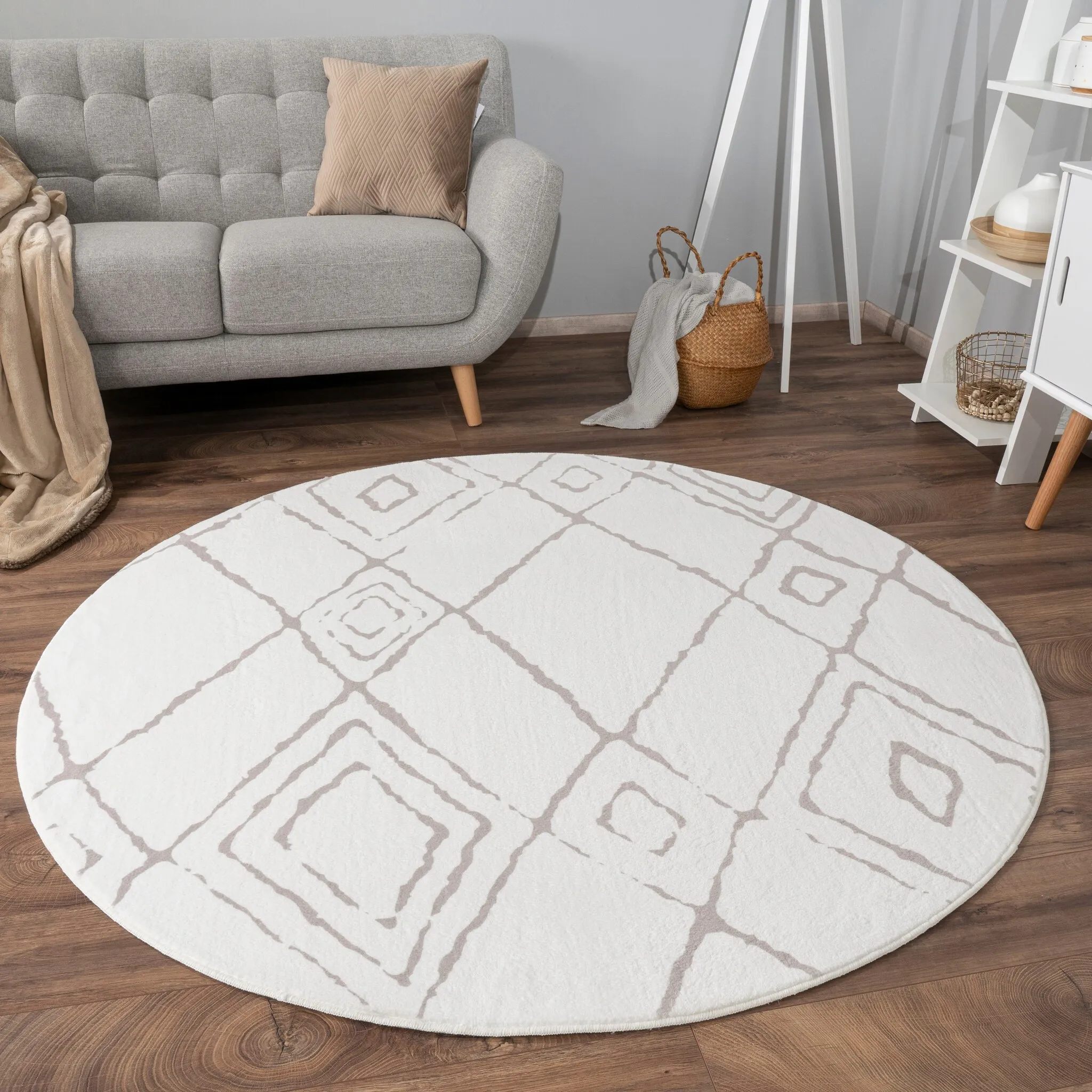 

Ковер Paco Home «Luton 661», круглый, высота 12 мм, короткий ворс, современный ромбовидный узор, скандинавский дизайн, гостиная, столовая, цвет Creme