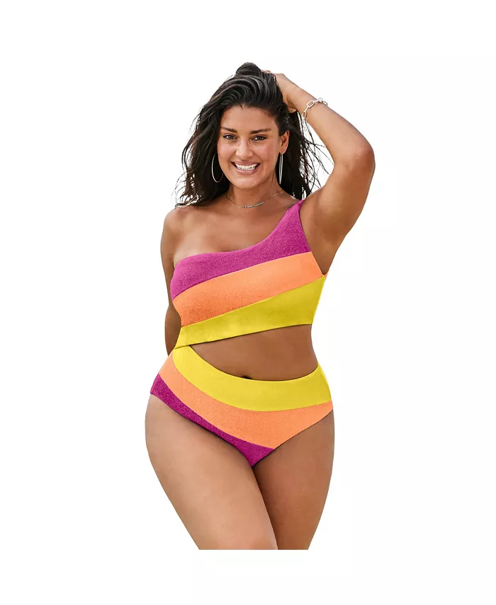 

Женский купальник One Shoulder Color Block Cutout One Piece с асимметричным кроем и цветными блоками Swimsuits for All, мультиколор