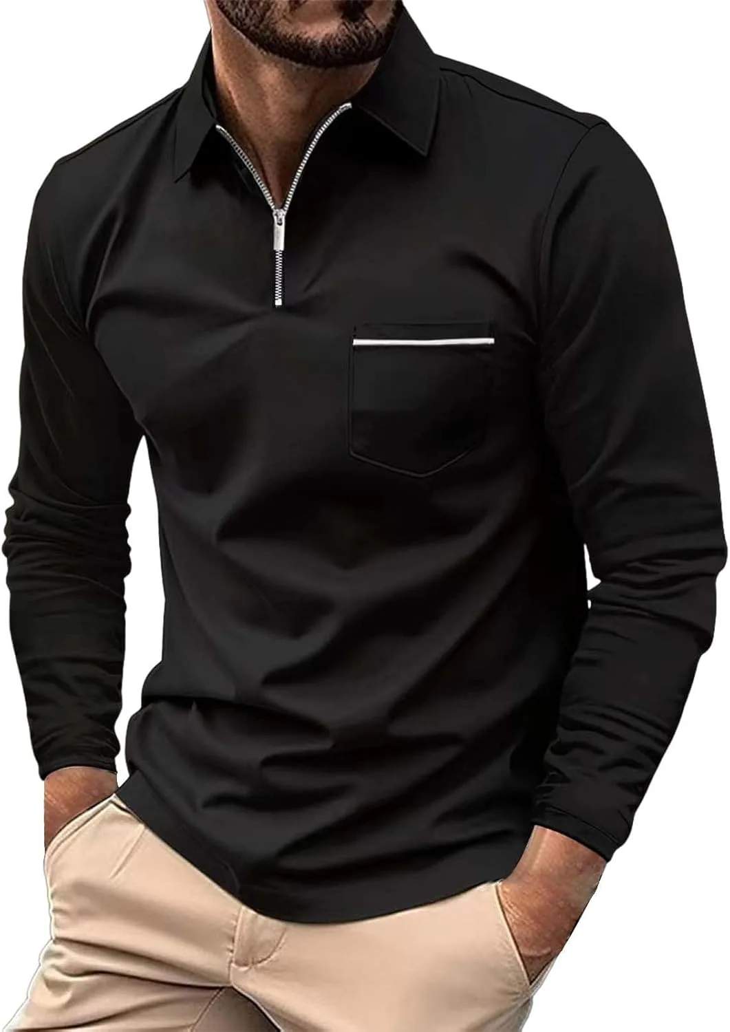 

Мужская поло с молнией на четверть, Slim Fit, длинный рукав, эластичная ткань ESKNAS