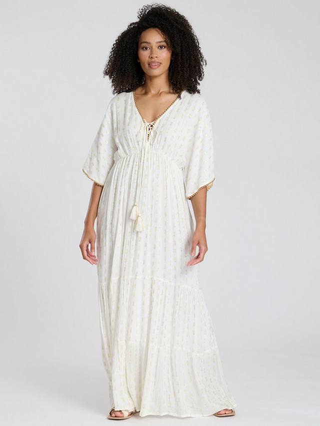 

Металлическое жаккардовое платье макси с ярусами и горошком South Beach, Cream