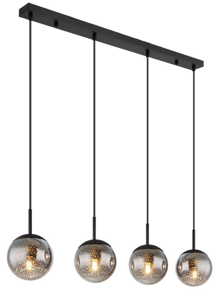

Подвесной светильник Globo Lighting металлический черный матовый, дымчатое стекло, черный ПВХ-кабель, высота может быть уменьшена, стеклянные шары с эффектом звезды, ДxШxВ: 900x150x1200 мм, без 4x светодиодов E27 9 Вт 230 В.