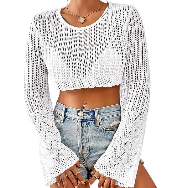 

Женский вязаный свитер легкий укороченный с длинным рукавом Yesfashion, White